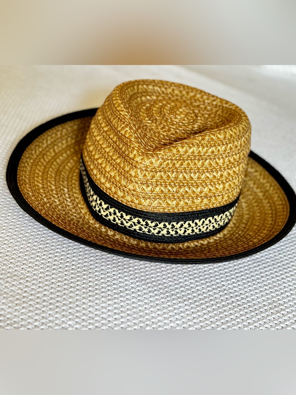 ERIC JAVITS Authentic Squishee Straw Hat UPF 50 Fedora Black Trim Patterned Band - Picture 4 of 14